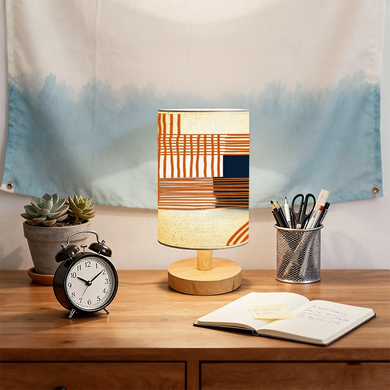 Modern Abstract Orange Blue Geometric Lines Wooden Table Lamp