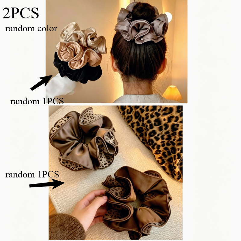 TEMU Goddess 2pcs Solid Color Double Layer Large Circle Hair Tie And Leopard Print Large Circle Hair Scrunchie 2 Styles Random , Large Double Layer