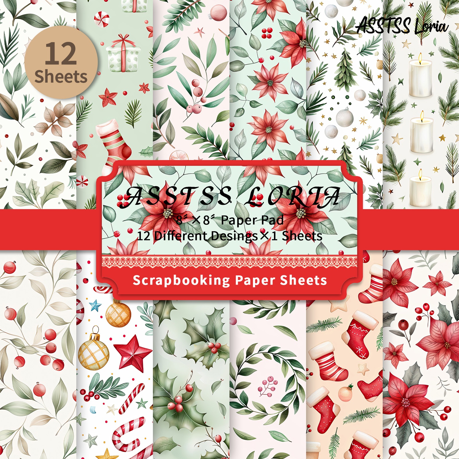 TEMU Lot de 12 feuilles de papier scrapbooking ASSTSS Loria 8X8 pouces, papier de base de Noël aquarelle , papier cartonné épais pour journaling, art