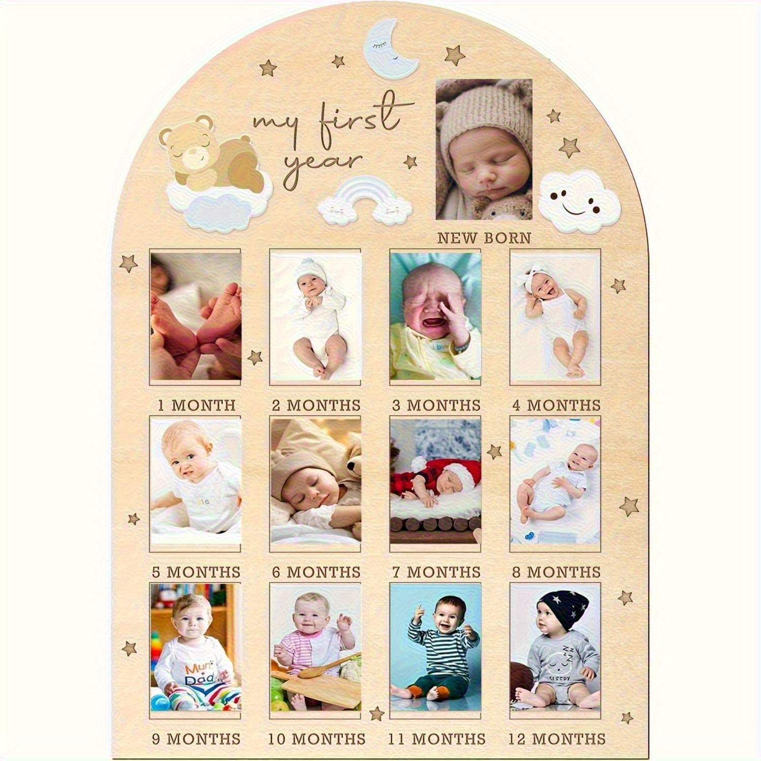 First Year Photo Board with Bear, Rainbow, and Cloud Design