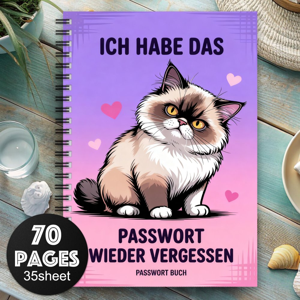 TEMU 1 Cute Siamese Cat Password Notebook - Pink Heart With German Cover "ich Habe Das" - Online Account & Computer Login Password Management Logbook