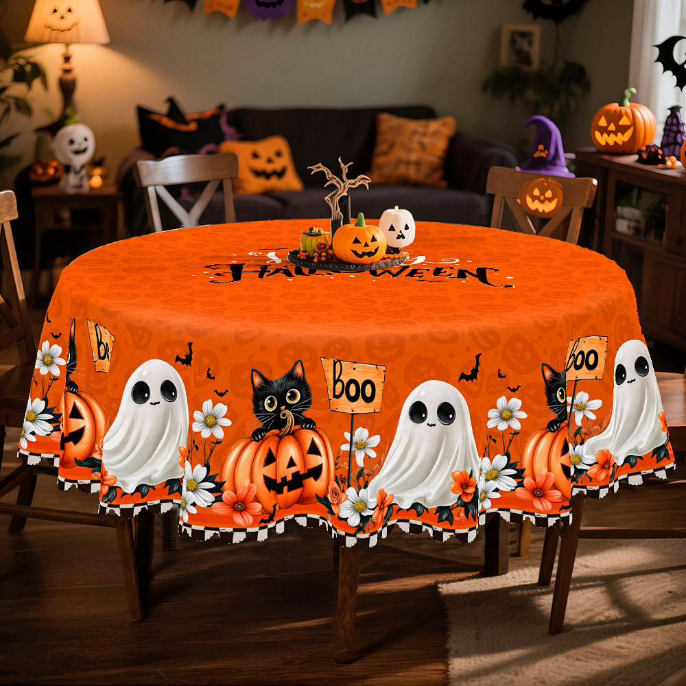 TEMU Halloween Cat Tablecloth - 1pc Red Decor With Black Cat, Pumpkin & Patterns, Artistic & Vintage Style For Restaurant, Party, Family Meal,
