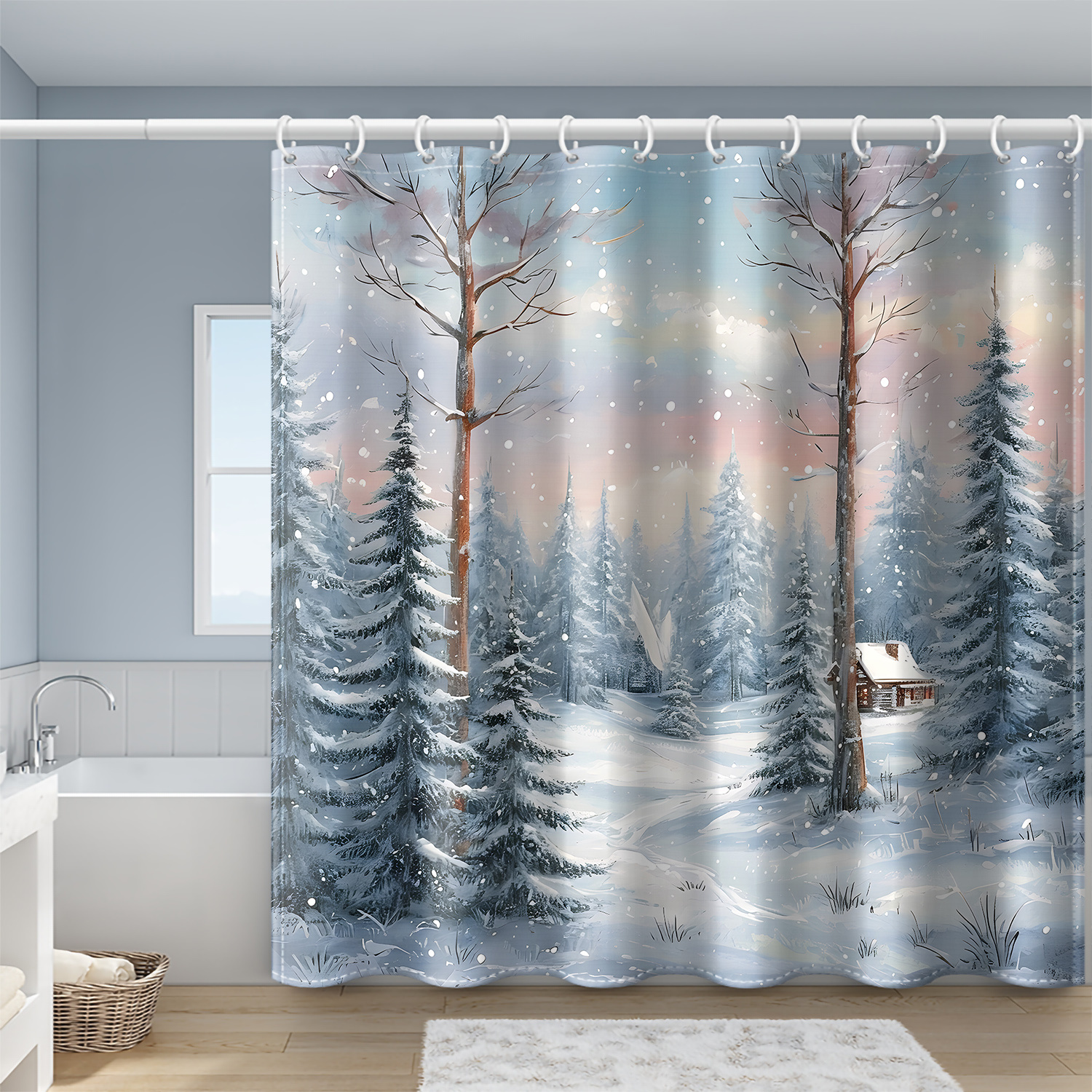 

Cozy Scene Shower Curtain - Waterproof Polyester With Hooks, Deep & Snow Design, Machine Washable, 71x71 Inches, Tree Trunk, Windows And Walls, Bathroom Home Decoration