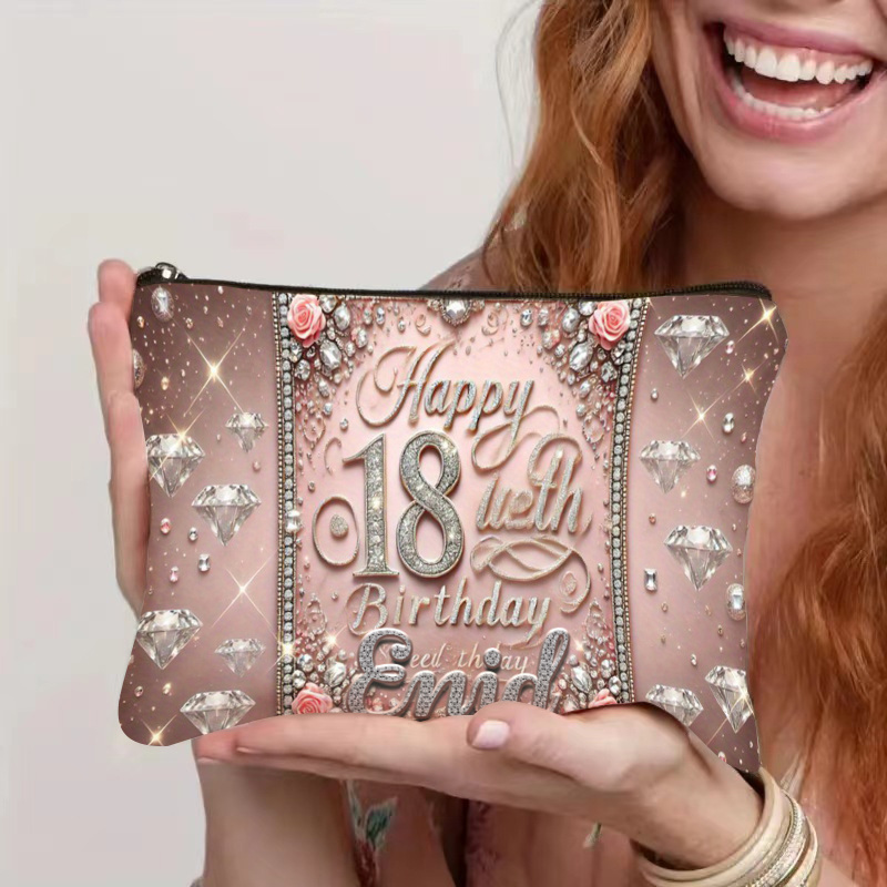 TEMU Personalized Birthday/name Makeup Bag - Custom 18th Birthday Glam Party Gift With Pink & Golden Glitter Design, Zippered Travel Cosmetic Case,