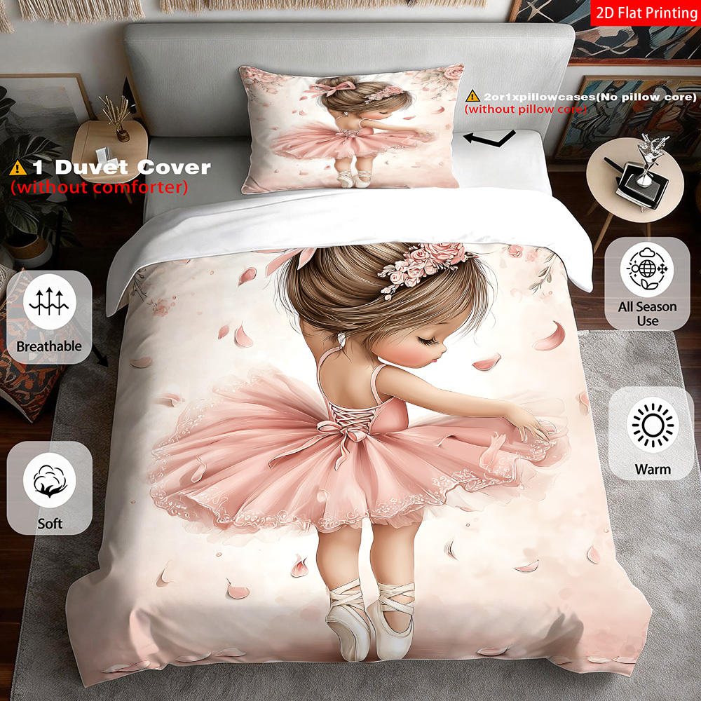 TEMU Hd Printed 2d Flat Ballerina In A Pink Tutu For Bedroom Decoration, Including A Bedding With A Quilt Cover And Pillowcases (1 Duvet Cover + 1