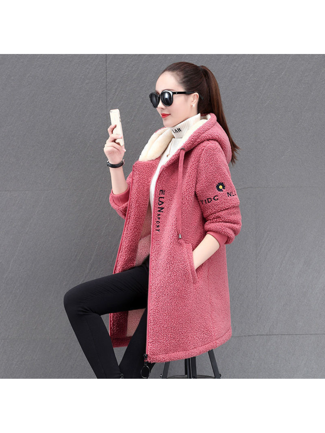 Women's 2025 Winter Thickened Fleece-Lined Lamb Fleece Jacket - Oversized Loose-Fit Mid-Length Coat with Hood-like Collar, Pink/White & Zip-Free Closure, Machine Washable Cold Weather Outerwear (No Dry Clean), Winter Jacket For Women, Winter Coats For Women, Winter Jackets For Women, Winter Coat For Women Elegant Classy, Winter Coat Women, Coats For Women Winter, Winter Clothes For Women, Winter Outfit For Women, Womens Coats Winter, Outsize Coats, Coats For Women Winter Long