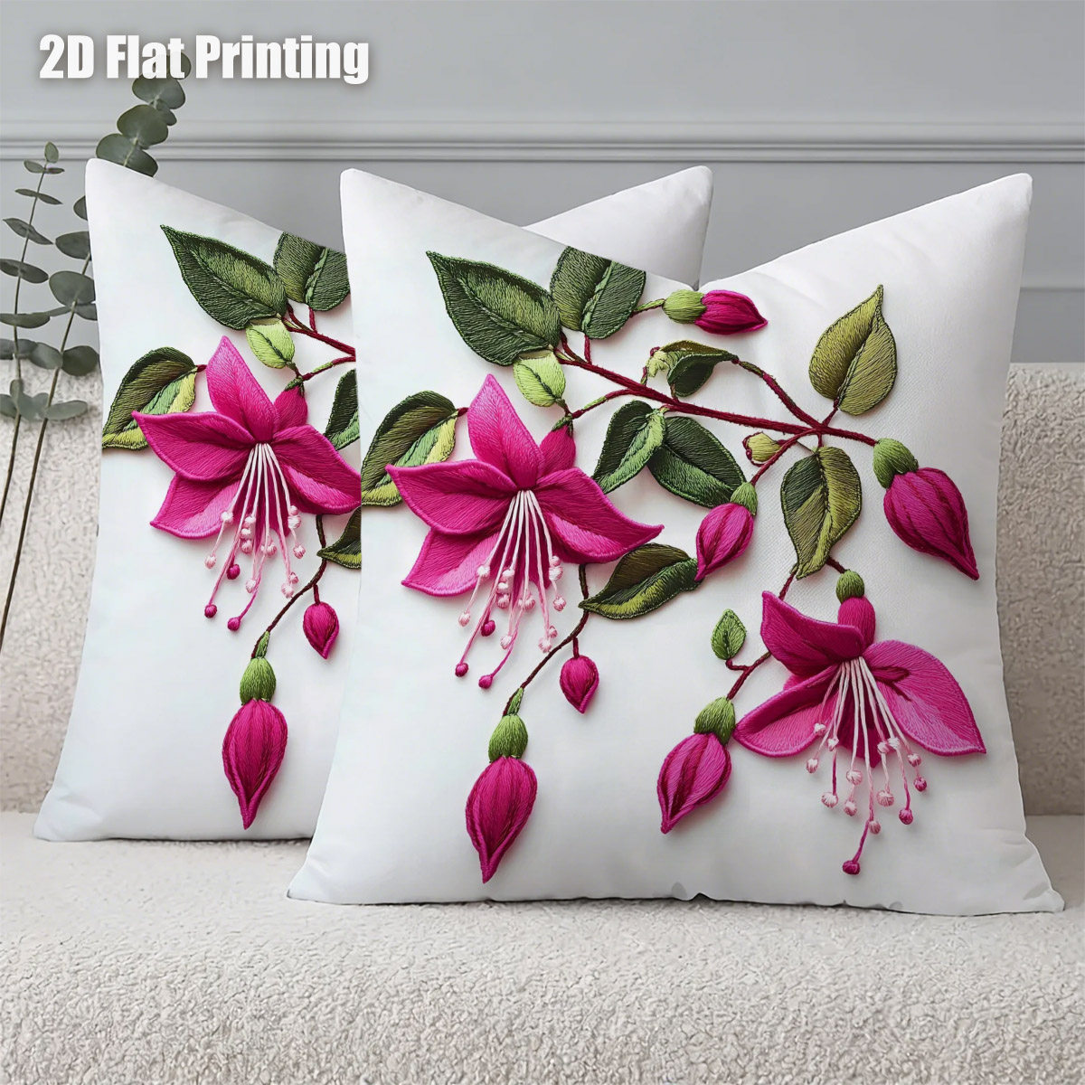 TEMU 2d Flat 2pcs Style Pink Fuchsia Flowers Cushion Covers, Double Prints Delicate Floral Branch Design, For , Stylish Bedroom, Vintage Living Room,