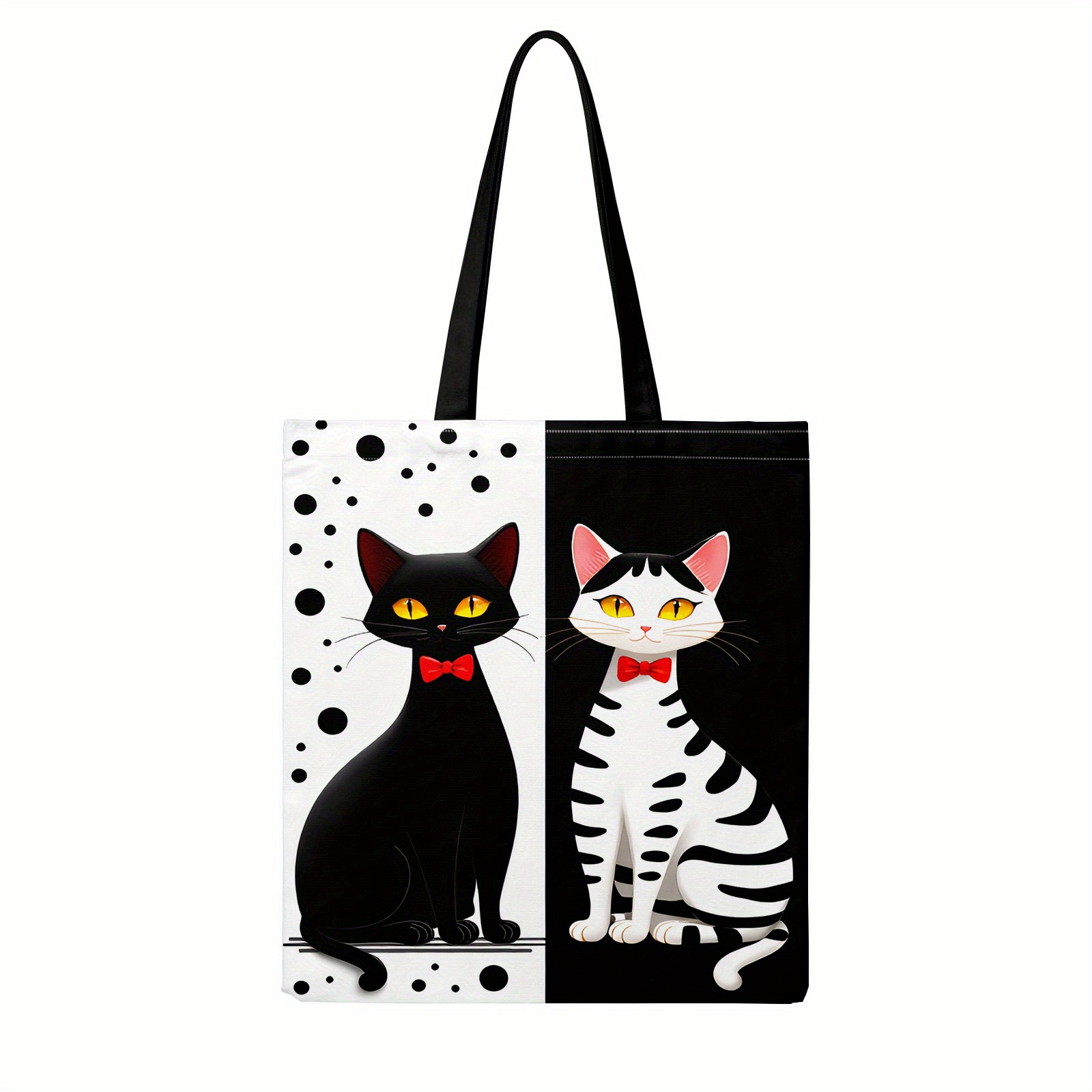 TEMU 【商品名】トレンドのトートバッグを持ち、トな白黒猫のデザイン - おしゃれ、再利用可能、多機能大容量ショルダーバッグ。猫のデザインが特徴で、ショッピングに最適。