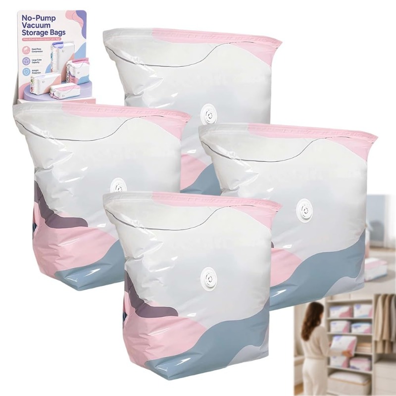 Image of No-pump Vacuum Storage Bags, Press & Seal Reusable Space Saver Bags, Large Cube Compression Airtight Heavy Duty Clothes Bedding Comforters Blankets Organization Dry Storage (4pcs Large)