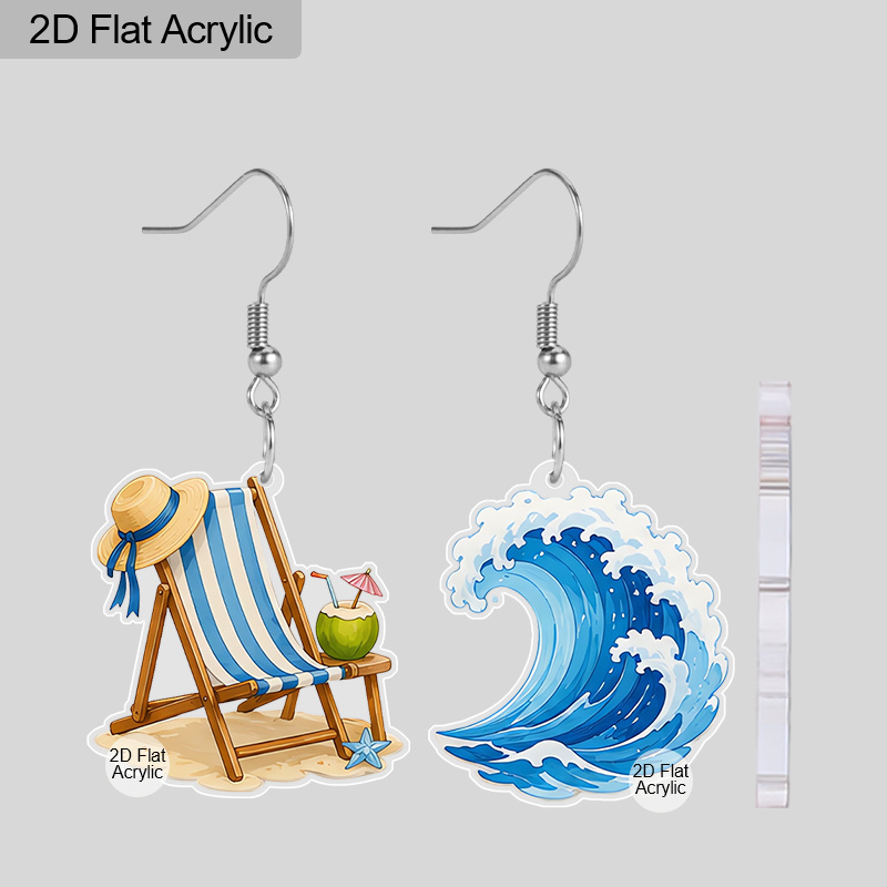 TEMU 2d Flat, Blue Striped Beach Chair & Wave Asymmetric Acrylic Earrings, Cartoonish And Creative Earrings For Women, Holiday Banquet Accessories,