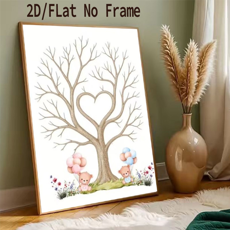 TEMU 2d Flat, 2d Flat Frameless Canvas Print, Whimsical Heart-shaped Tree, 2 Teddy Bear , Minimalist Bohemian Wall Art, Gender Reveal Theme,