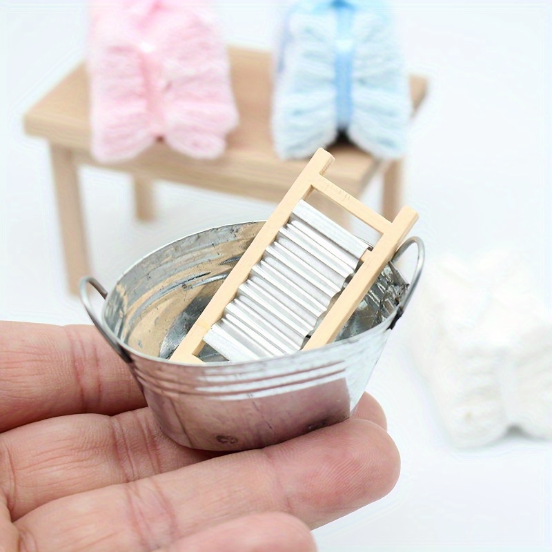 

1/12 Miniature Set - Metal Washboard & Tub, For Diy & Decor - Christmas & New