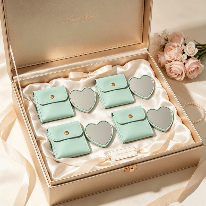 7pcs Green Heart-Shaped Portable Makeup Mirrors with Makeup Bags