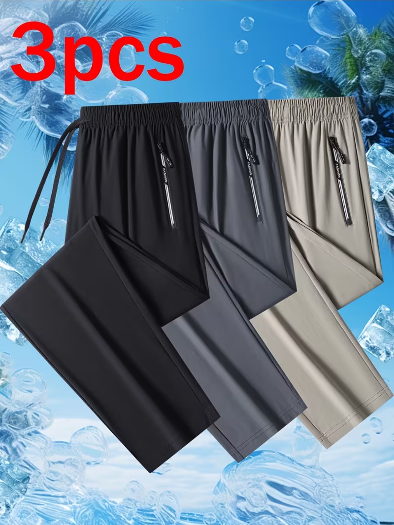 3pcs mens lightweight breathable summer pants ice silky fiber fabric relaxed fit straight leg design with drawstring waist and zippered pockets