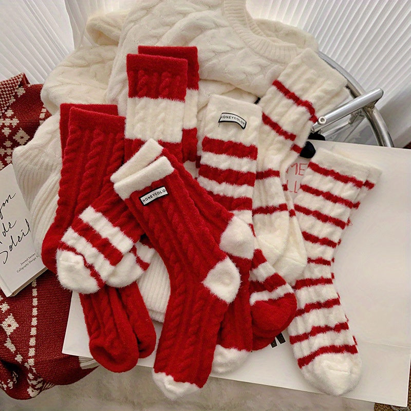 TEMU 5/10 Pairs Of Thick, Warm Women's Socks With Red Stripes, Perfect For Winter And Incredibly Soft