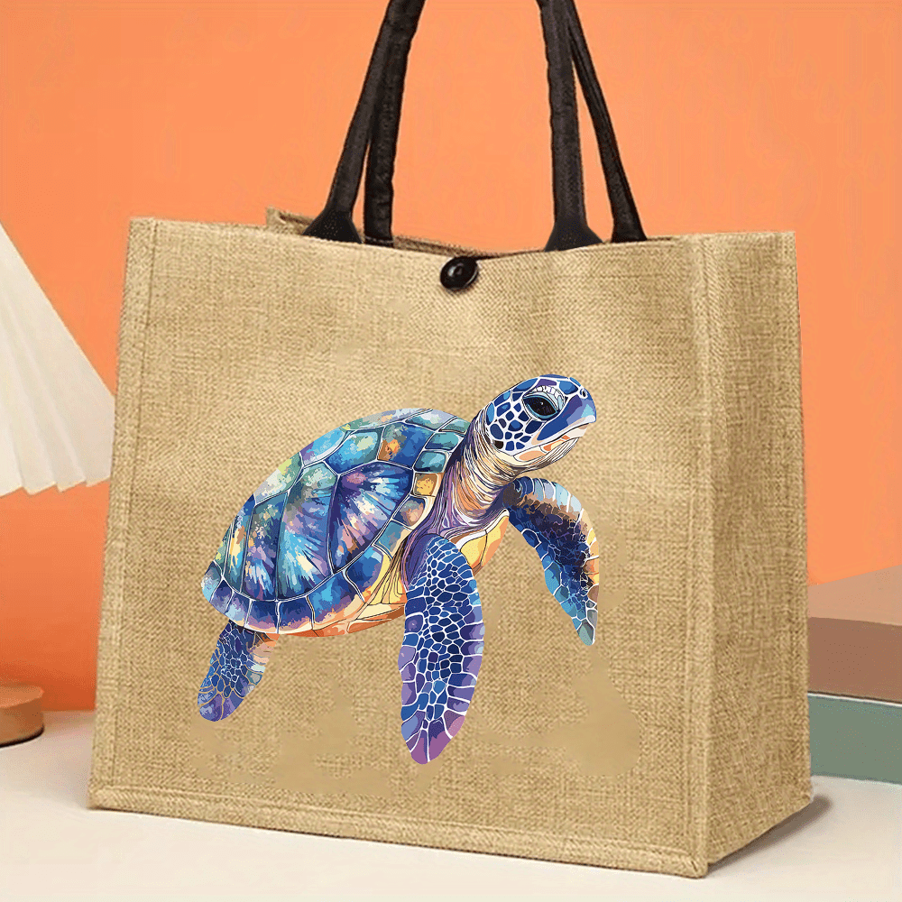TEMU Grand sac fourre-tout en jute de grande avec impression en eau-forte de tortue de mer colorée - Style et tendance pour les - air, les fêtes, les