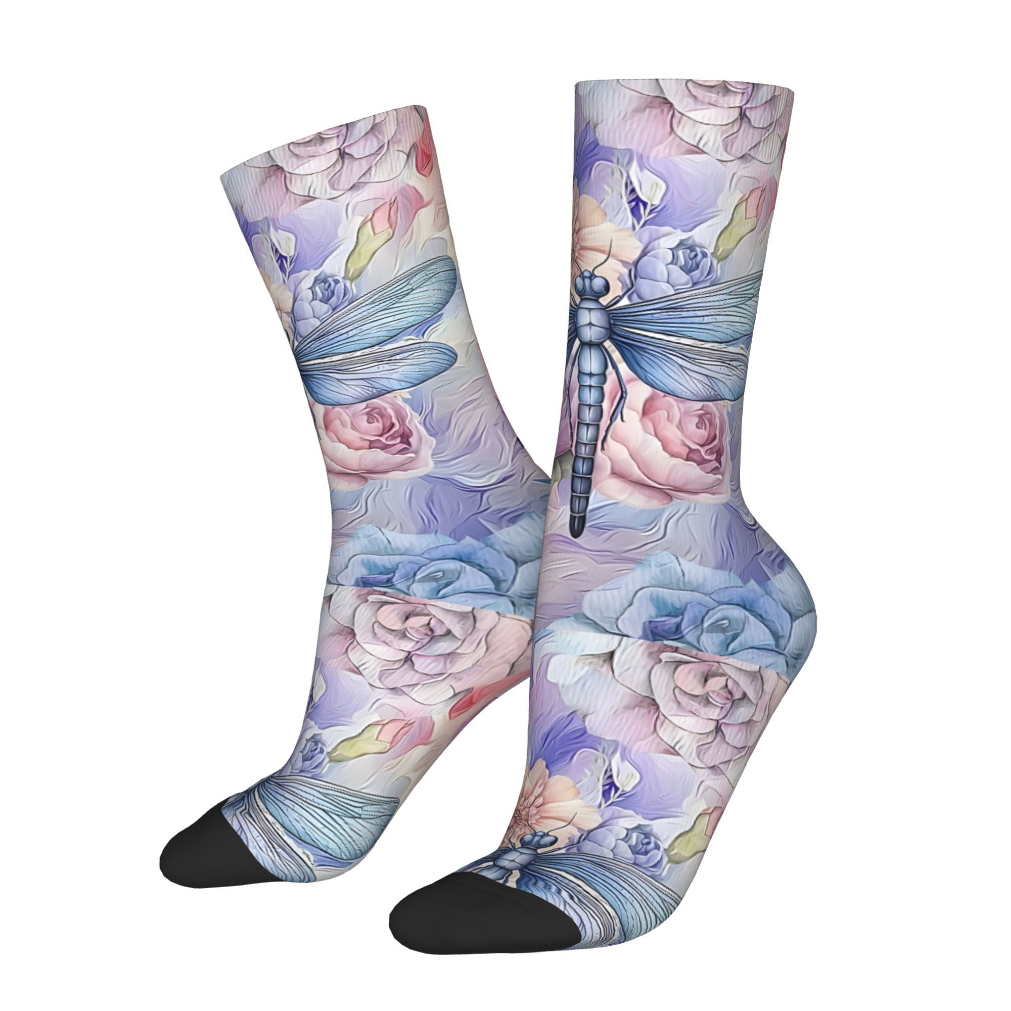 

1 Pair Dragonfly & Floral 3d Print Mid-calf Socks, Polyester & Elastane Knit Fabric, Comfortable Seamless Toe, Cushioned Heel, Unisex Sports Socks For Men And Women