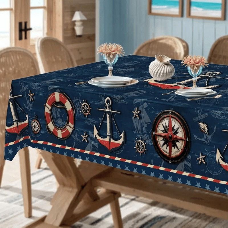 TEMU 1pc Nautical Tablecloth - Anchor, Compass, Navy Blue, Red, White - Durable Machine Washable Polyester Tablecloth, Perfect For Parties, Picnics,