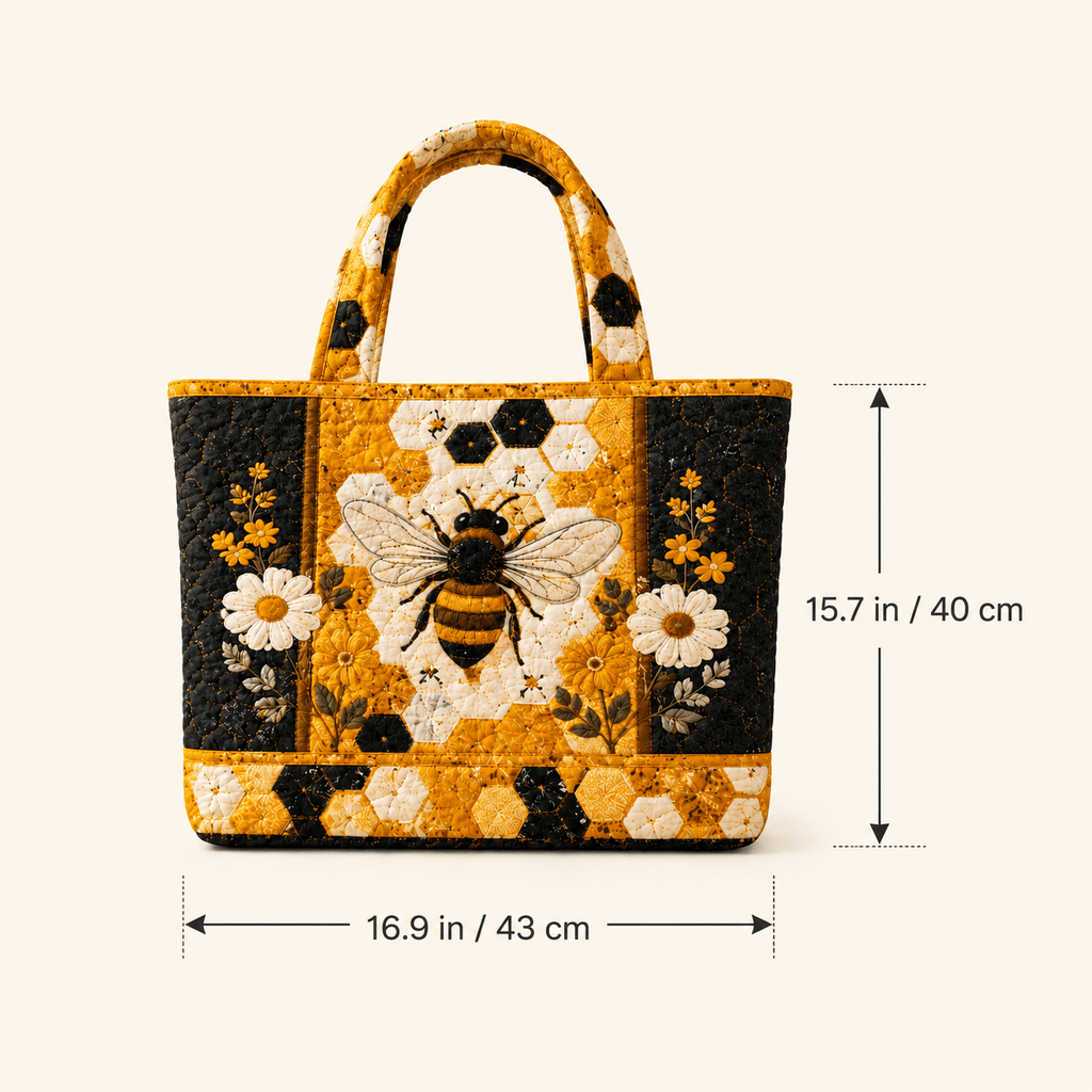 TEMU Women's Large Capacity Quilted Tote Bag With Bee And Honeycomb Design, Mustard Yellow And Charcoal Soft Lightweight Handheld Bag For Travel,