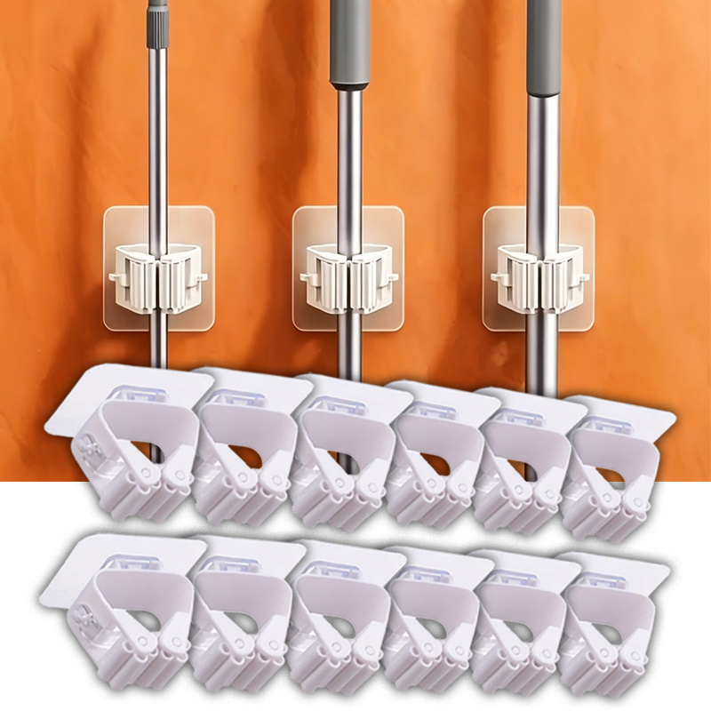 TEMU 12pcs, Easy-to-install, No-drill Mop And Broom Rack, Durable Adhesive Wall-mounted Storage Hooks For Organizing Bathrooms And Multifunctional