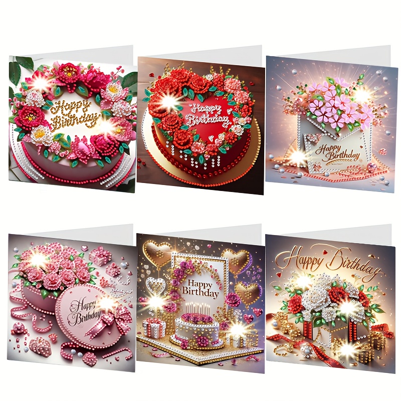TEMU 6pcs Birthday Flower Theme Diamond Painting Greeting Card Set - Handmade Acrylic Craft Cards With Envelopes, Suitable For Birthdays, Holidays,