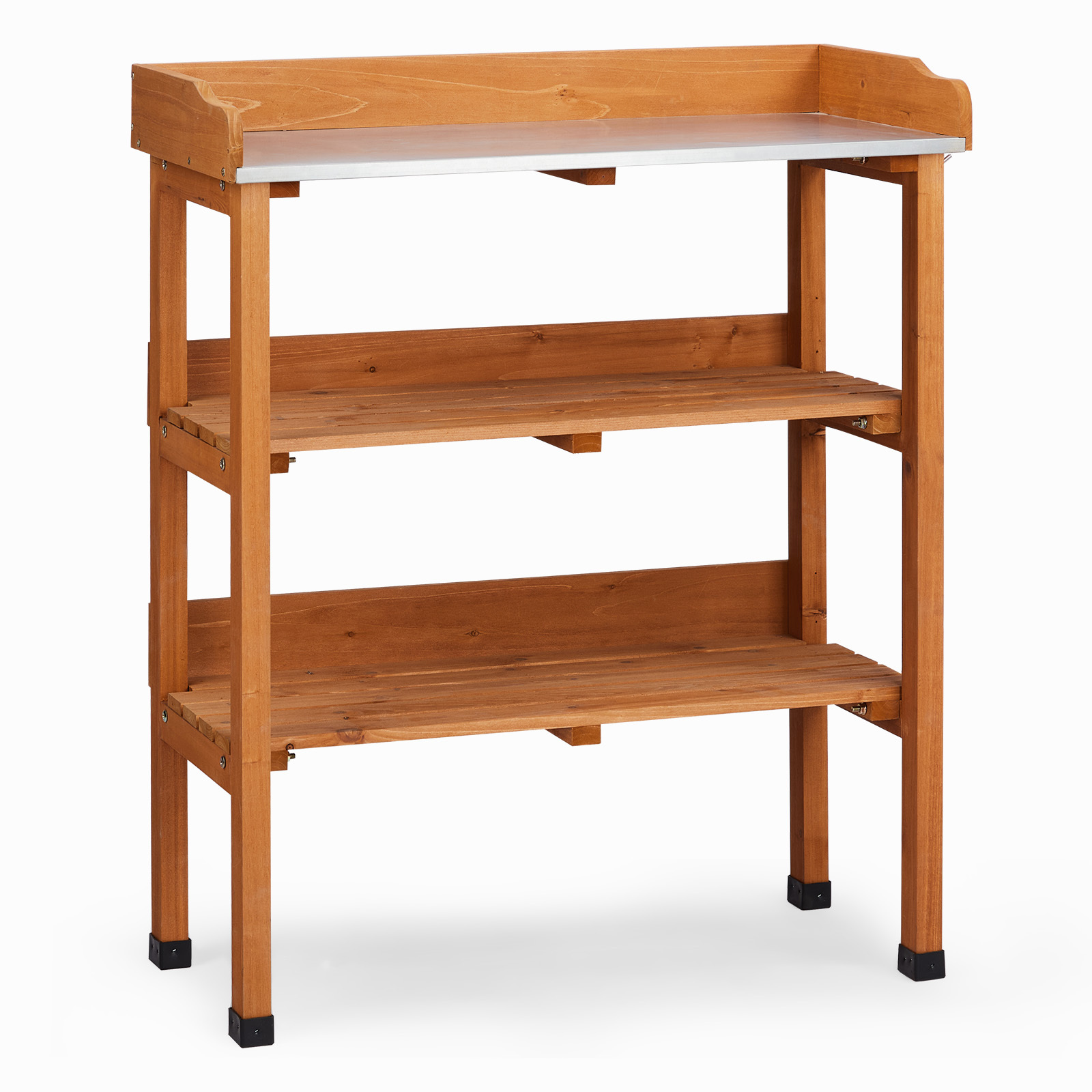 Image of 3-tier Outdoor Garden Potting Bench Table, Wooden Planting Worstation, Metal Tabletop And 3 Hooks
