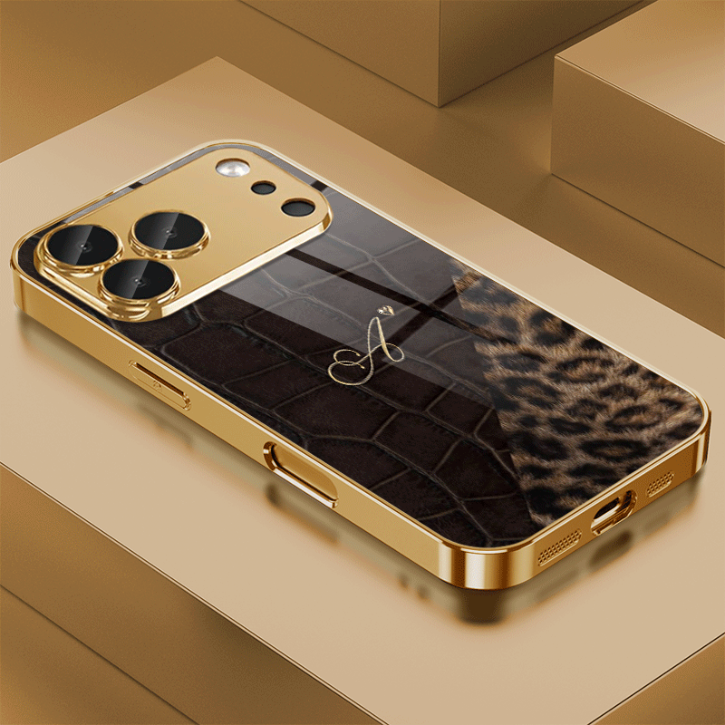 TEMU Coque de téléphone - Patchwork en cuir de crocodile, imprimé léopard, motif lettre A, coque de téléphone en verre électroplaqué pour Iphone