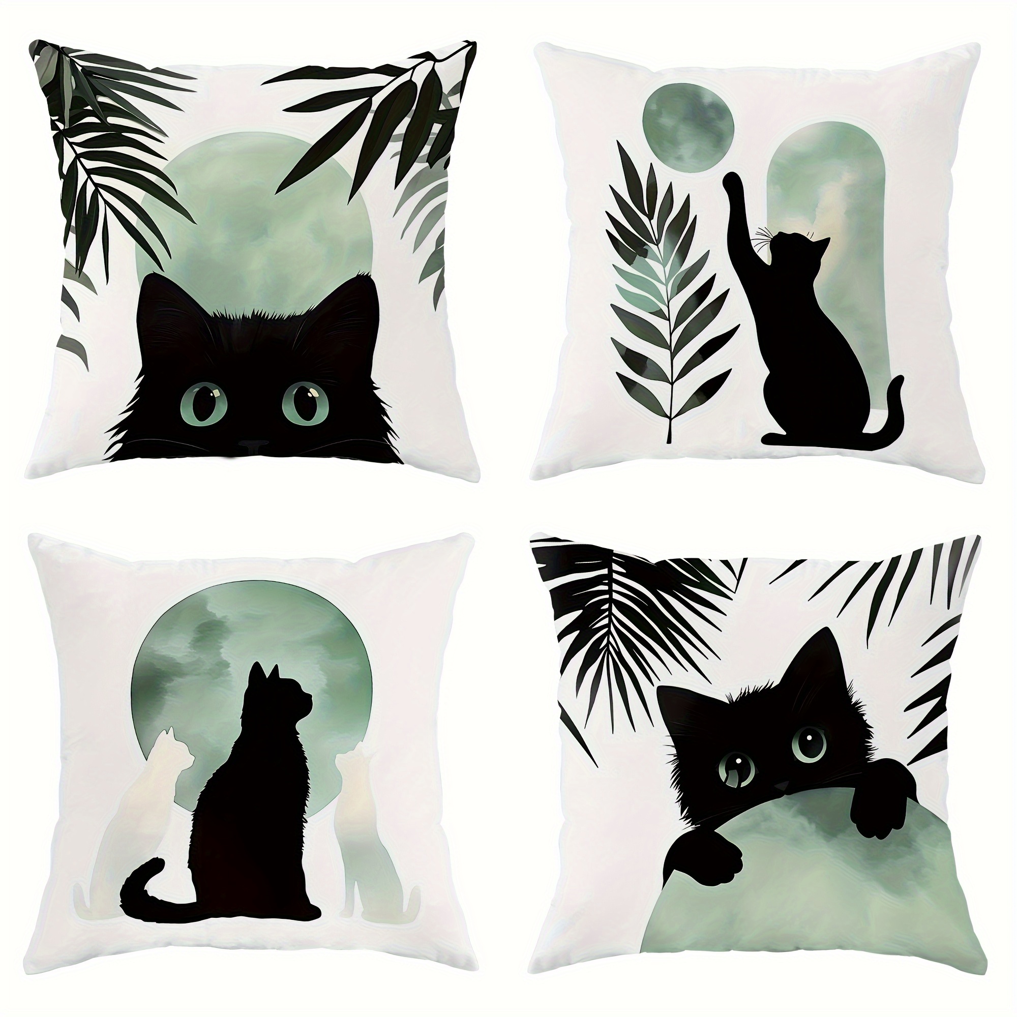 E-shop 4 Stück moderne Kissenbezüge mit schwarzer Katze und grünem Mond-Muster, schwarz-grüne Pflanzen-Dekokissenhülle mit Reißverschluss,