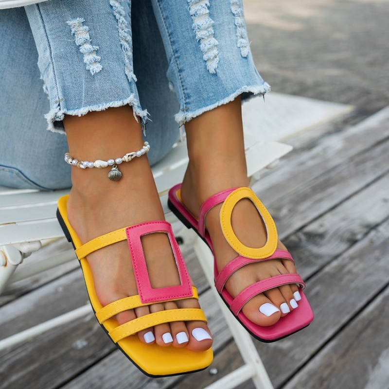 TEMU Metallic Texture Geometric Cut-out Flat Sandals, Square-toe Double-strap Outdoor Slippers, Women Shoes