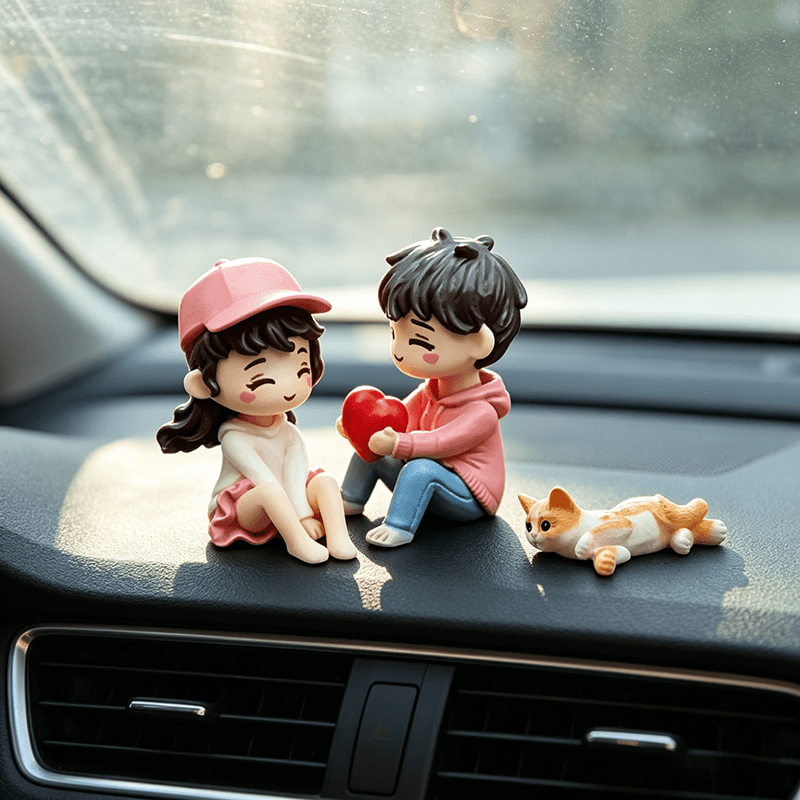 TEMU 3pcs Car Couple Ornament Set - Boy   Girl   Cat - Romantic Heart Boy And Girl, Cute Cartoon Style Dashboard Decoration, Non-slip Adhesive Car
