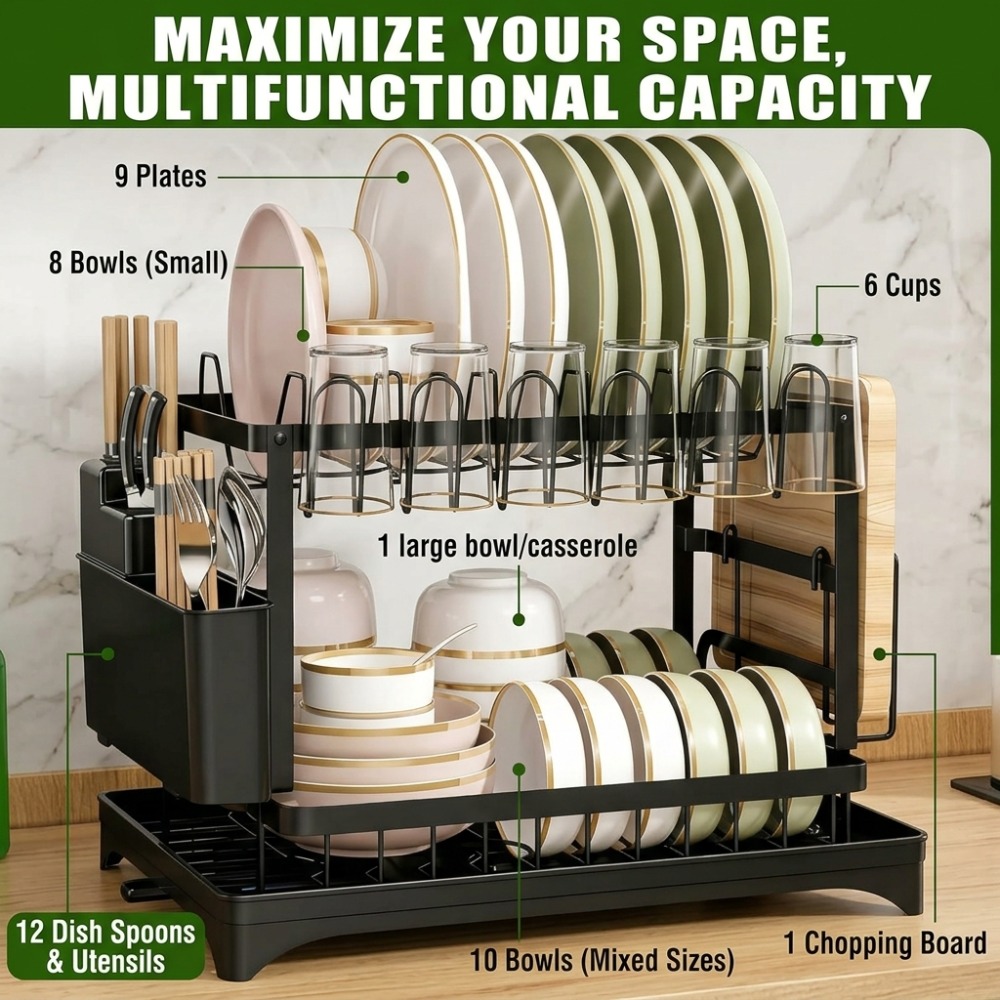 2-tier Dish Drainer Dish Rack With Utensil Holder For Kitchen Counter, Large Capacity, Space Dish Drainer With Draining Board 42 X 32.5 X