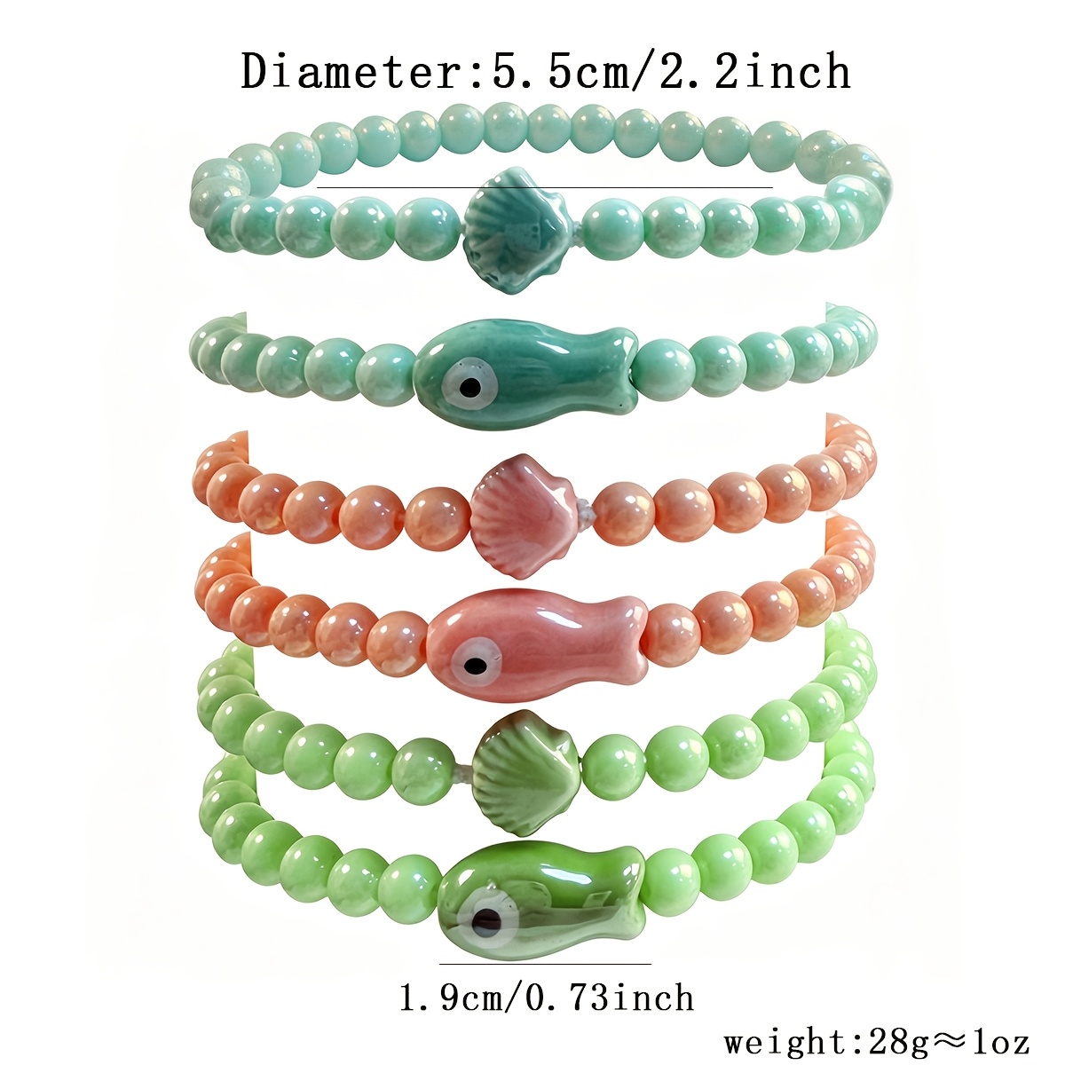 6pc Ocean-Themed Ceramic Fish & Seashell Beaded Bracelet Set
