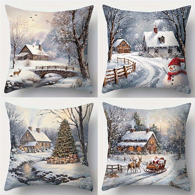 Image of 4pcs - Polyester Winter Snow Village Christmas Pillows: Cozy Scenes To Warm Your Home Decorative Cushion Covers For Living Room Sofa And Throw Pillow Covers For Bedroom Bedside (without Pillow Core)
