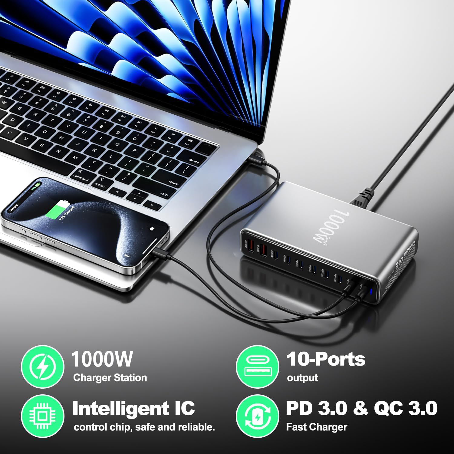 1000W Gan 4 10 Ports USB C Fast Charging Station Hub Block Portable Wall PD Charger Power Adapter with 8 USB-C + 2 USB-A, 140W Port for Macbook Pro/Air, for Iphone 15 14 13 12 11, for ETC