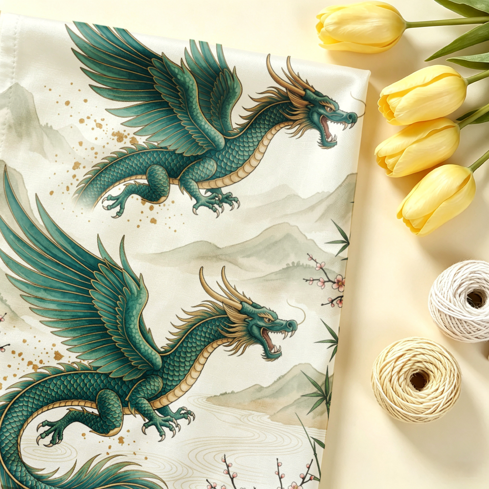 TEMU 1pc Impression de Dragon et Paysage de Montagne, Tissu 100% Polyester, Matériau d'Artisanat de Patchwork de Couture de Matelassage, Textile de
