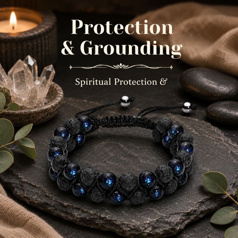 TEMU Bracelet tissé double épaisseur étoilé pour femme et homme , de corde noire ajustable, mettant en valeur la protection et la stabilité, bleu