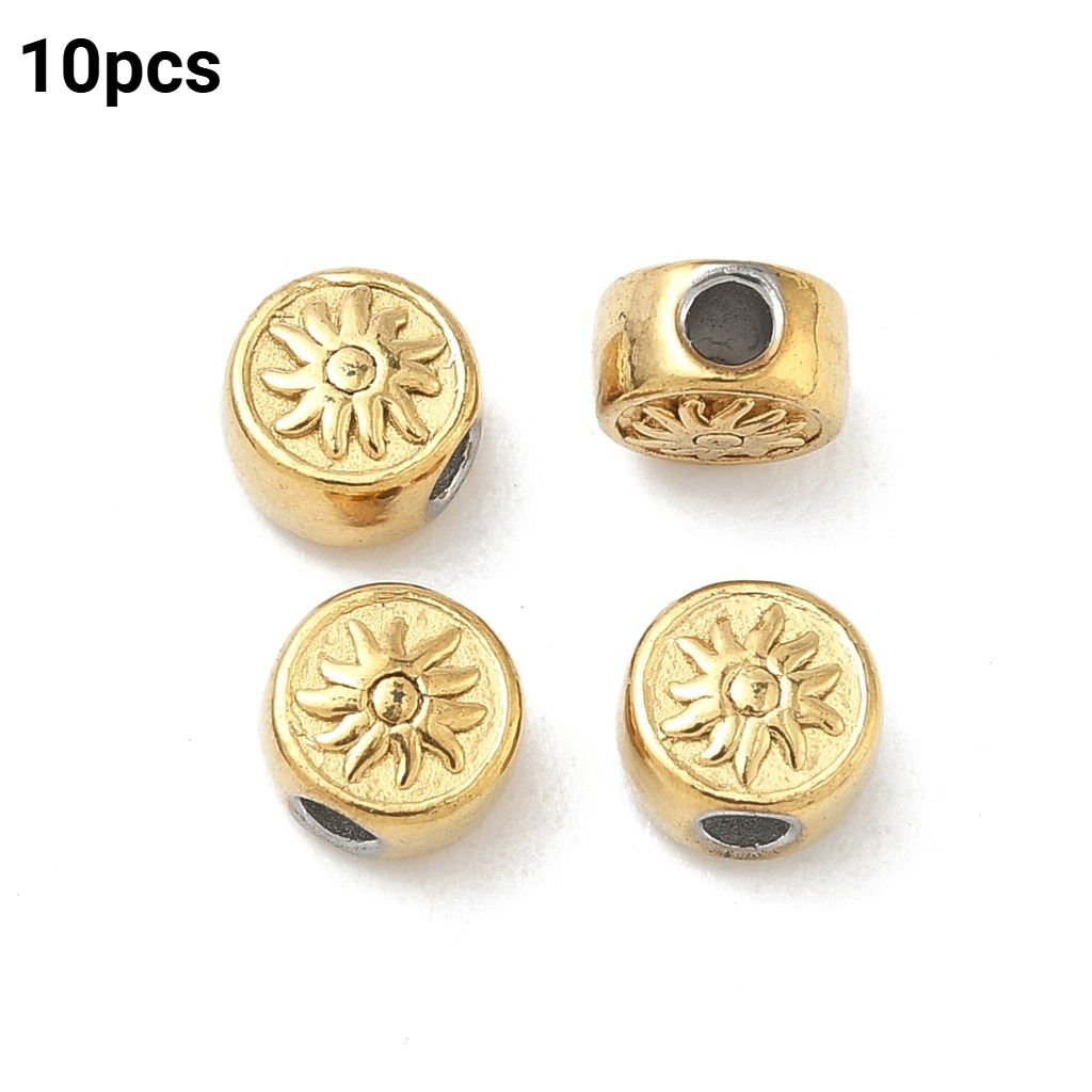 TEMU 2d Flat, 10pcs 304 Stainless Steel Beads, Flat Round With Flower, 6.5x4mm, Decorative Beads, Beads & Bead Assortments, Art Decoration, Home