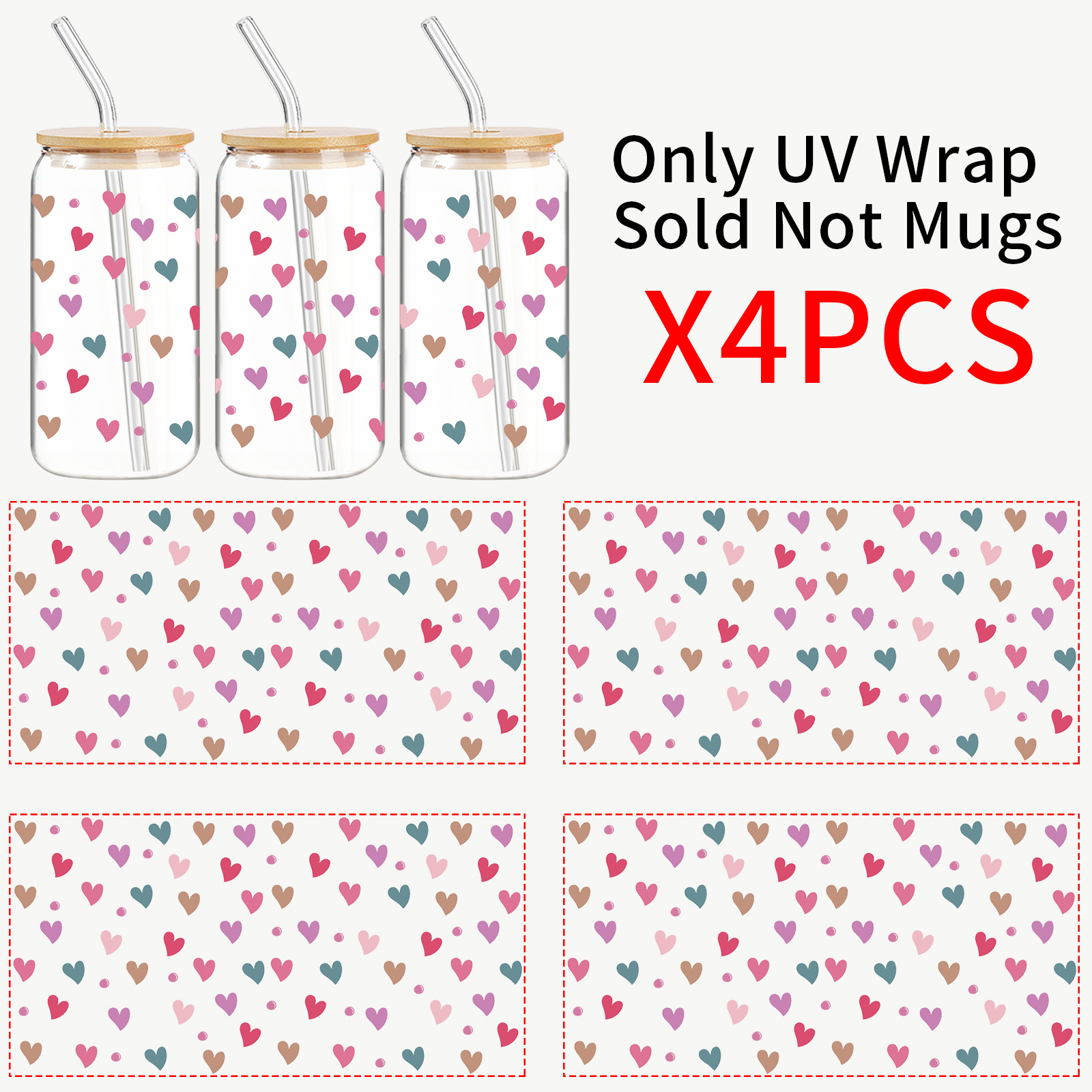 Image of 4pcs Colorful Heart Pattern Uv Dtf Transfer Stickers For 16oz Glass Cups, Bottles & Laptops – Easy To Apply, Perfect For Spring , Travel, Valentine’s Day, Mother’s Day & More!