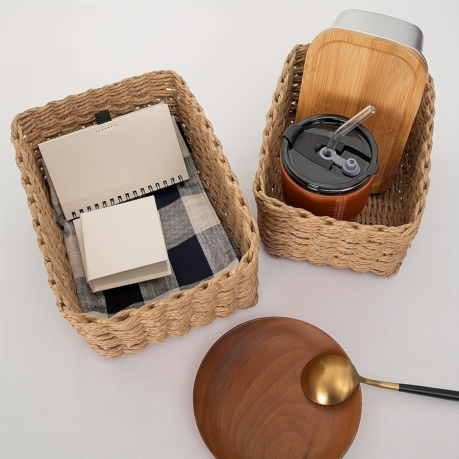 4pcs Woven Storage Basket, Decorative Storage Baskets Set, Multifunctional Storage Box, Storage Rack, Bathroom Bedroom Living Room Accessories, Home Organization And Storage Supplies, Room Decor, Shelf Baskets
