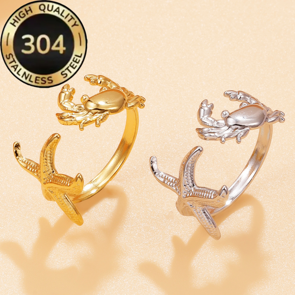 Ocean-themed Open Ring with Starfish and Crab, Daily Accessory