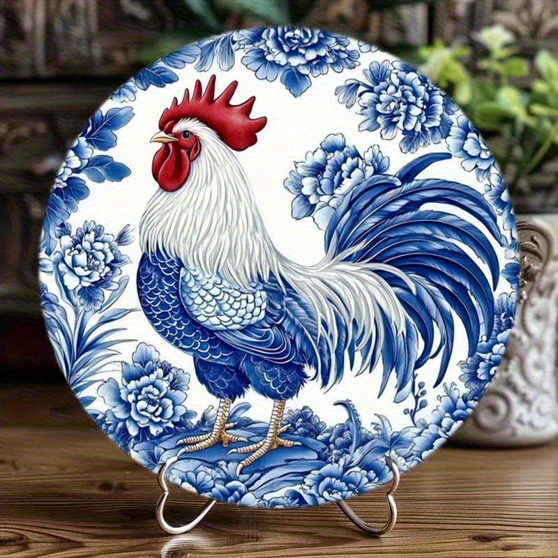 TEMU 2d Flat, 1pc Vintage Blue And White Porcelain Style Rooster Aluminum Wall Art- 2d Floral Print Decorative Board Suitable For Home, Office, Coffee Shop Or Bar, Rooster Decoration, Room Decoration