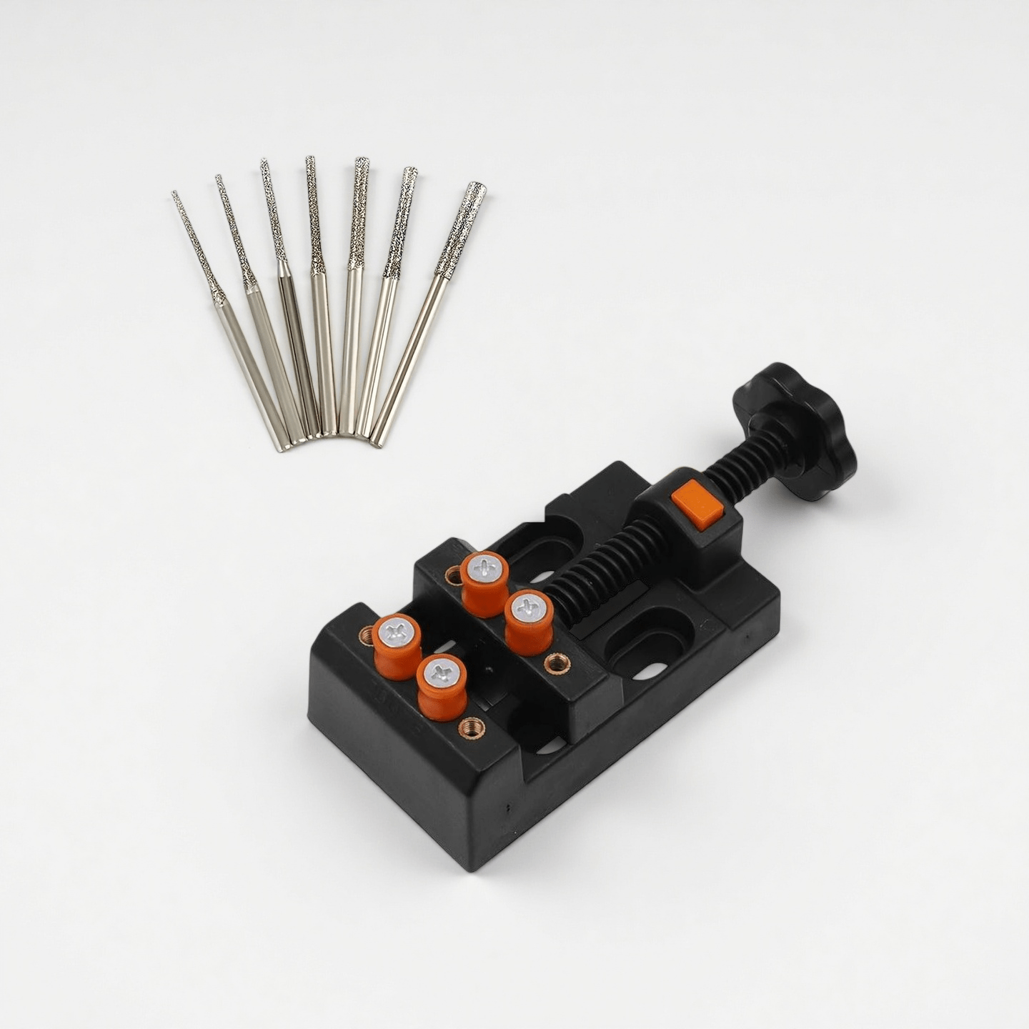 TEMU Étau de mini perceuse d'établi réglable et jeu de 8 forets revêtus de diamant - Étau d'établi en plastique ABS, outil de perçage et de de ,
