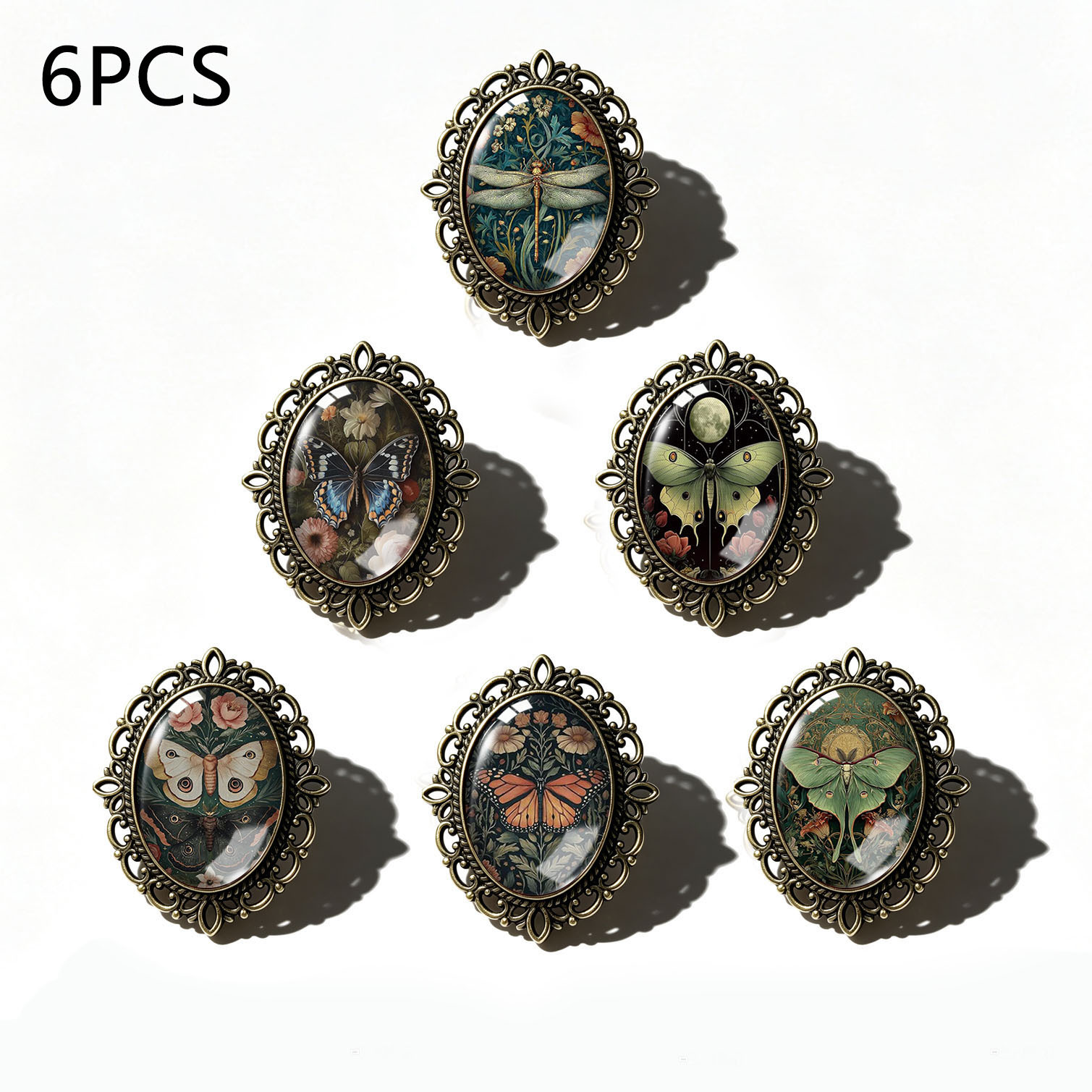 TEMU 6pcs Moon Moth, , Dragonfly, And Flower Plant Pattern Forest-style Vintage Distressed Vintage Bronze Color Oval Lace Glass Brooch Set
