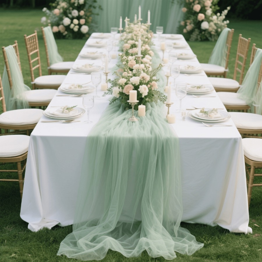 TEMU 1pc Romantic Rosemary Green Tulle Table Runner, Soft And Lightweight Mesh Material - Used For Table Centerpieces And Chair Back Sashes, Multiple