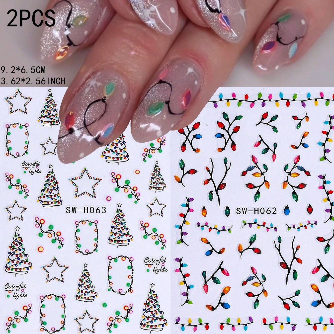 TEMU 2 Sheets 3d Christmas Nail Stickers Colorful Xmas Christmas Tree Star Nail Art Decals Bulb Pattern Self-adhesive Nail Decorations Diy Manicure