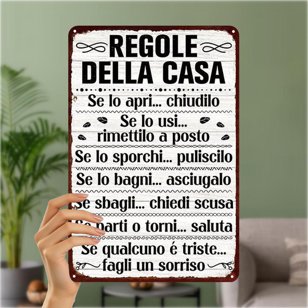 TEMU 2d Flat, 2d Flat 1pc, "house Rules Metal Wall Art - Italian Language Decorative Sign For Home, Kitchen, Or Bathroom" 8×12 Inch, 2d Flat