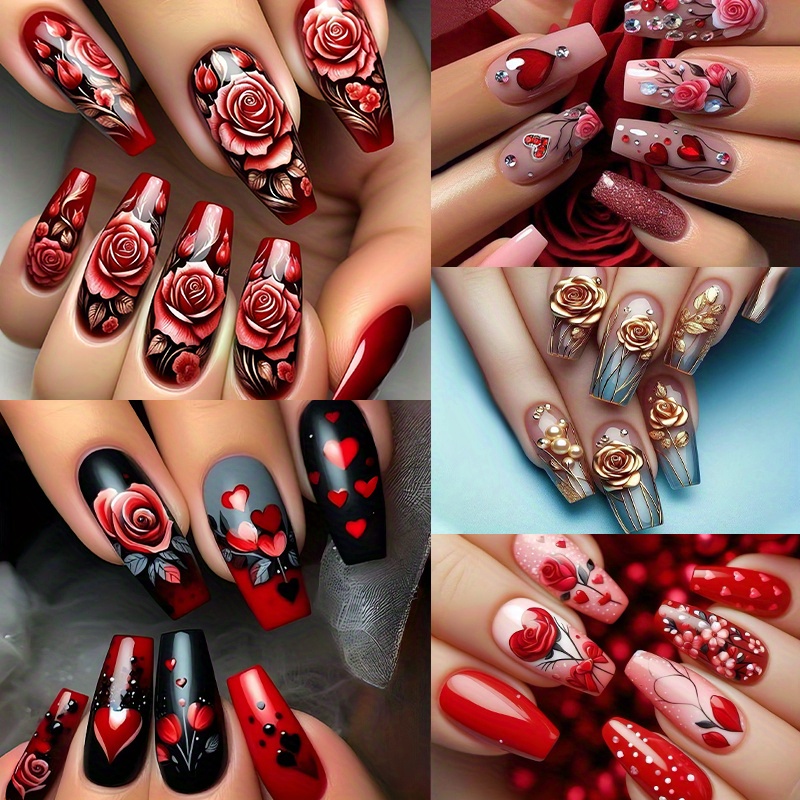 TEMU 120pcs (5-pack) Nail Art Set Featuring Romantic Rose, Heart, And Cupid Designs With A Glossy End, Medium , Assorted Colors, And Removable Nail Slices