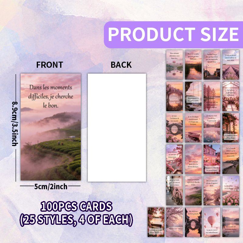 TEMU Lot de 100 cartes - Paysage esthétique rose français - Cartes d'affirmations inspirantes illustrées, 25 uniques, adaptées à la , au - personnel