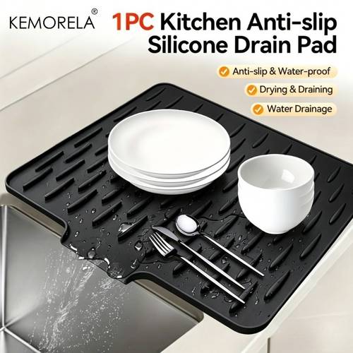 item picture non slip silicone kitchen draining mat heat resistant with built in drainage design easy to clean silicone dish drying mat suitable for countertops sinks and refrigerators space saving dish rack mat