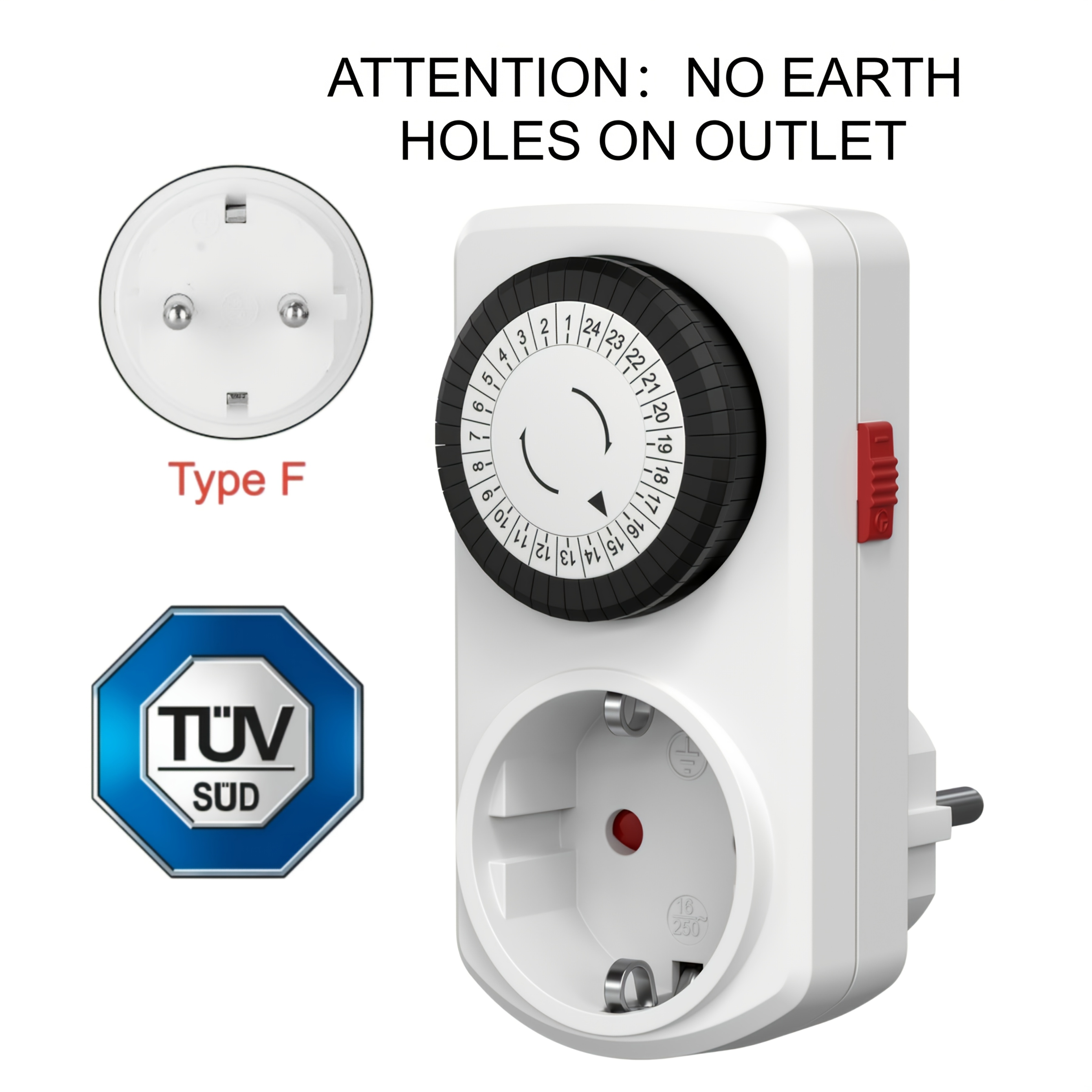 24-uurs   mechanische timer stekker, europese   universele stekker, 16a 230v, ondersteunt 30-minuten nauwkeurige stap timing, uitgerust met handmatige aan/uitschakelaar, ontwerp zonder aardingsgat, plug-and-play handige timer, uitsluitend voor gebruik binnenshuis